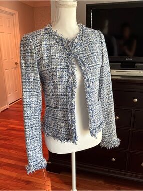 Blue and White Tweed Channel-Style Jacket